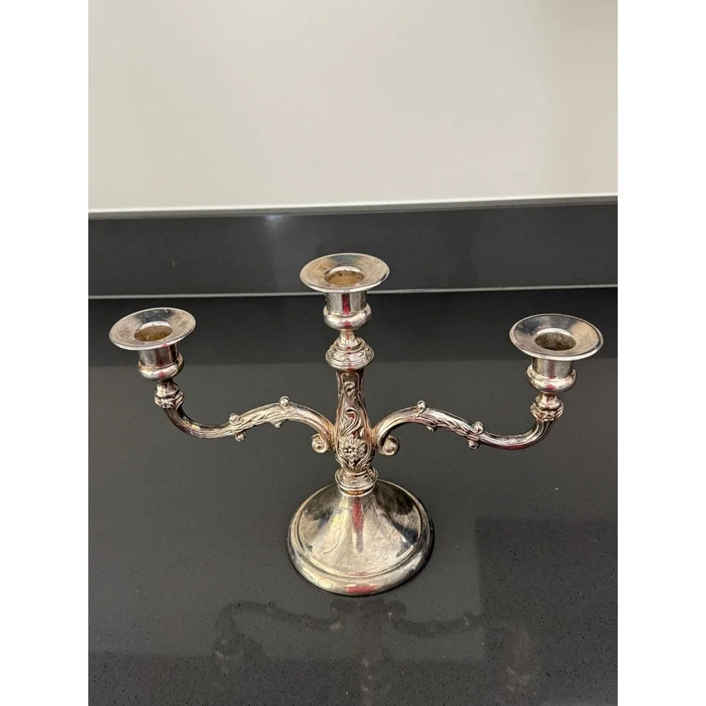 Mid Century French Art Nouveau Silver Plated 3 Arm Candelabra